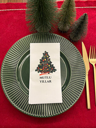Yılbaşı Ağacı Mutlu Yıllar Baskılı Yılbaşı Peçetesi Beyaz12 Adet