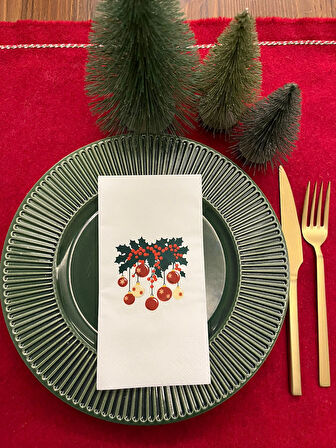 Yılbaşı Ağaç Topları Baskılı Yeni Yıl Peçetesi Beyaz12 Adet