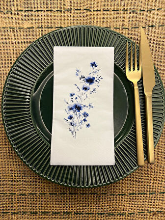 Mavi Çiçekler (Blue Flowers) Baskılı Sunum Peçetesi Beyaz 16 Adet