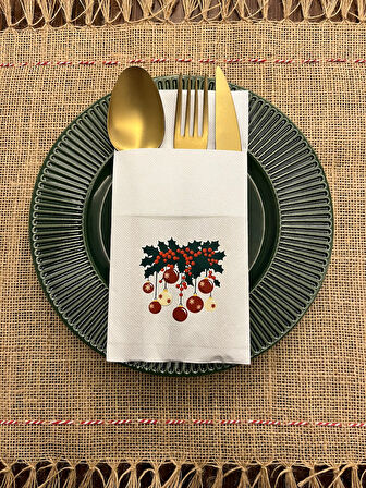 Yılbaşı Kokina Ve topları  Baskılı Yılbaşı Kanguru Cepli Peçete Beyaz12 Adet