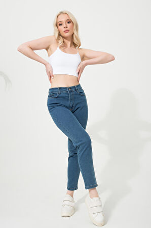 Kadın Mavi Süper Skinny Fit Esnek Likralı Yüksek Bel Denim  Boyfriend Jean Kot Pantolon