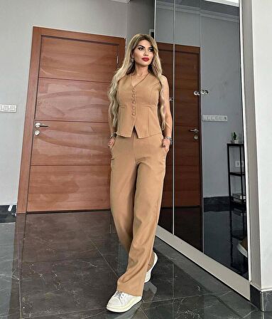 PANTALON YELEKLİ TAKIM İTHAL DABIL KUMAŞ Kadın Düğmeli Yelek Palazzo Geniş Paça Pantolon Ikili Takım