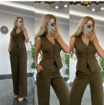 PANTALON YELEKLİ TAKIM İTHAL DABIL KUMAŞ Kadın Düğmeli Yelek Palazzo Geniş Paça Pantolon Ikili Takım