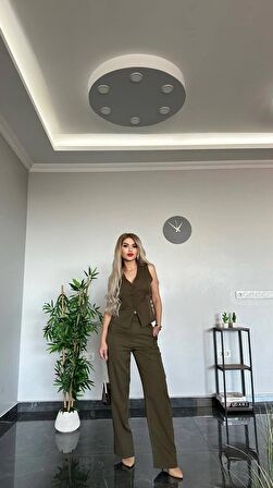 PANTALON YELEKLİ TAKIM İTHAL DABIL KUMAŞ Kadın Düğmeli Yelek Palazzo Geniş Paça Pantolon Ikili Takım