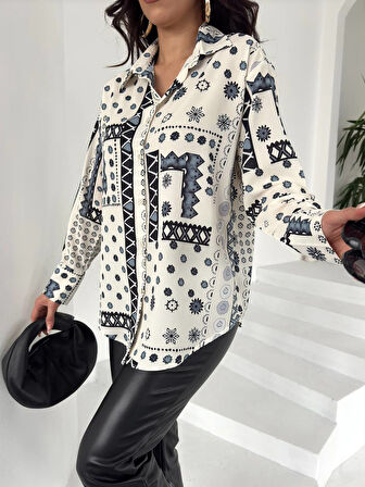 Saten  kumaş  Uzun kollu  Desen detaylı  V yaka GÖMLEK