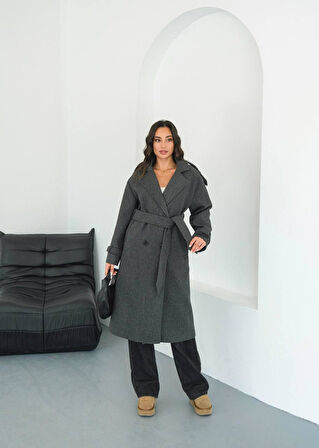 Kuşaklı Cepli Diz Boyu Uzun Kaşe Kışlık Kadın Kaban