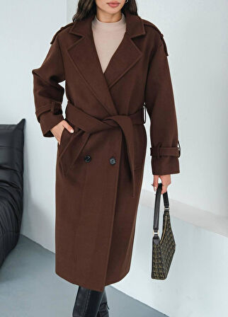 Kuşaklı Cepli Diz Boyu Uzun Kaşe Kışlık Kadın Kaban