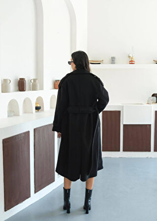 Kuşaklı Cepli Diz Boyu Uzun Kaşe Kışlık Kadın Kaban