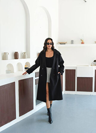 Kuşaklı Cepli Diz Boyu Uzun Kaşe Kışlık Kadın Kaban