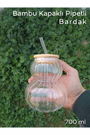 Pinterest Bambu Kapaklı Pipetli Jumbo Meşrubat Bardağı - Çizgili 700 ml