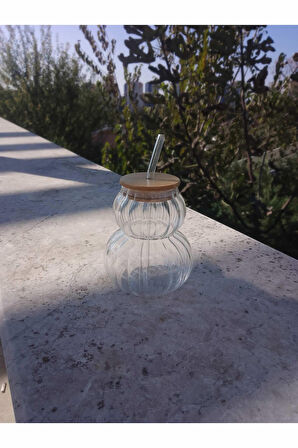 Pinterest Bambu Kapaklı Pipetli Jumbo Meşrubat Bardağı - Çizgili 700 ml