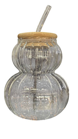 Pinterest Bambu Kapaklı Pipetli Jumbo Meşrubat Bardağı - Çizgili 700 ml