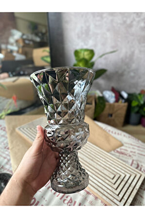 Diamond Desenli Kristal Cam Vazo - 28x15 cm Hediyelik lüx vazo| Modern & Lüks Dekoratif Büyük Boy Vazo