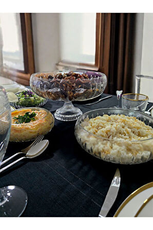 Kesme Kristal Yuvarlak Ayaklı Sunumluk Kase 24 Cm Salata Sunum Kasesi