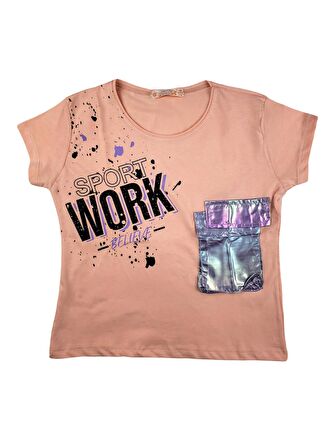 Kız Çocuk Fosforlu Cepli T-Shirt Baskılı WORK