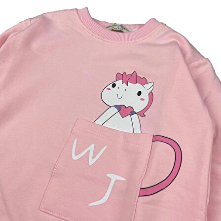 Kız Çocuk Mevsimlik Cepli Sweatshirt Unicorn Baskılı