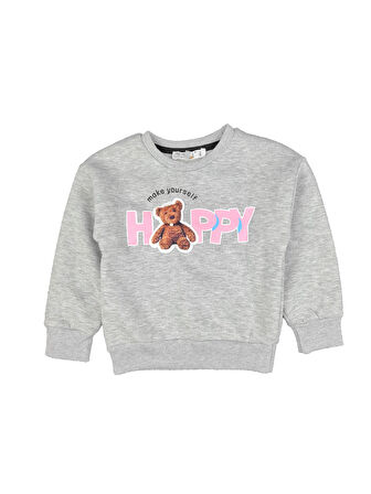 Kız Çocuk Üç İplik Ayı Baskı Nakışlı Sweatshirt Happy