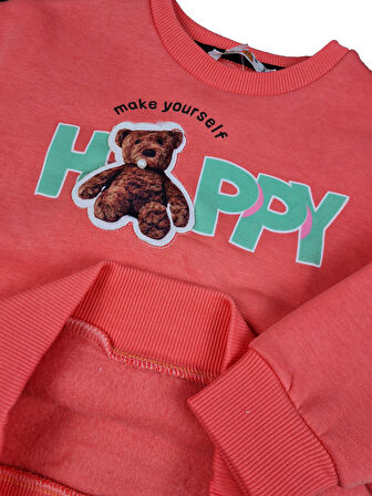 Kız Çocuk Üç İplik Ayı Baskı Nakışlı Sweatshirt Happy