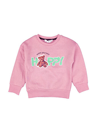 Kız Çocuk Üç İplik Ayı Baskı Nakışlı Sweatshirt Happy