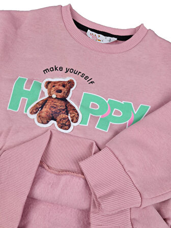 Kız Çocuk Üç İplik Ayı Baskı Nakışlı Sweatshirt Happy