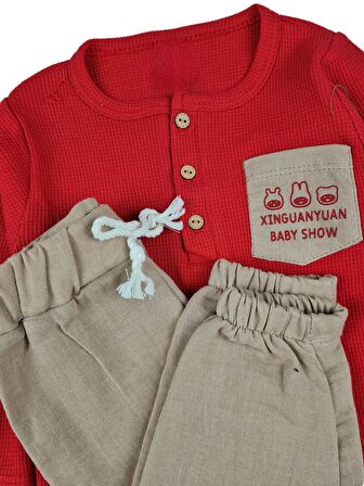 Erkek Bebek Cebi Baskılı Petek Kumaş Takım Baby Show