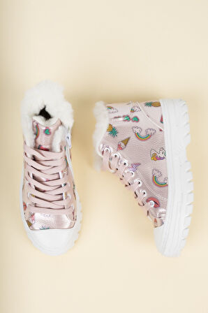 İçi Tüylü Yandan Fermuarlı Pudra Çocuk Bot