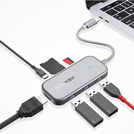 BlitzWolf® BW-TH5 3'ü 1 Arada USB 3.0 TF Kart Okuyucu ile 7 in 1 USB-C Veri Merkezi USB-C PD Şarj MacBooklar için 4K Ekran USB Hub