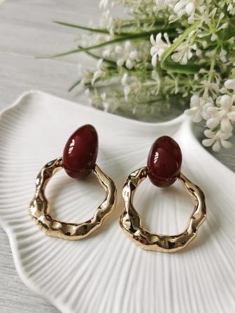 Bordo Damla Gold Halka Küpe 