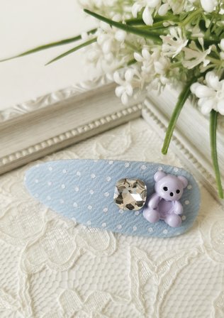 Mavi Puantiyeli Ayıcık Figürlü Kumaş Çıt Çıt Çocuk Tokası 7,5x3 cm