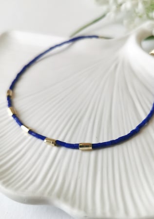 Lacivert Cam Boncuk Detaylı Gold Halhal 22+5 cm