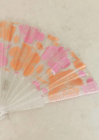 Turuncu Pembe Çiçek Desenli Simli Şeffaf Pleksi El Yelpazesi | Katlanabilir Yazlık Yelpaze