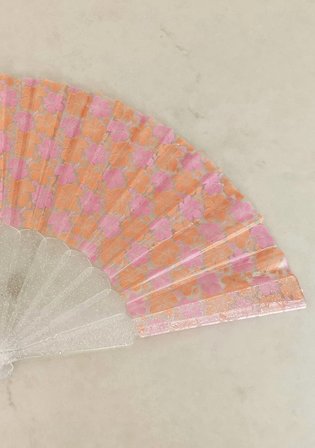 Turuncu Pembe Minik Çiçek Desenli Simli Şeffaf Pleksi El Yelpazesi | Katlanabilir Yazlık Yelpaze