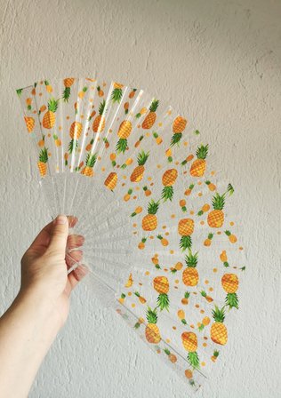 Ananas Desenli Simli Şeffaf Pleksi El Yelpazesi | Katlanabilir Yazlık Yelpaze