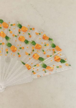 Ananas Desenli Simli Şeffaf Pleksi El Yelpazesi | Katlanabilir Yazlık Yelpaze