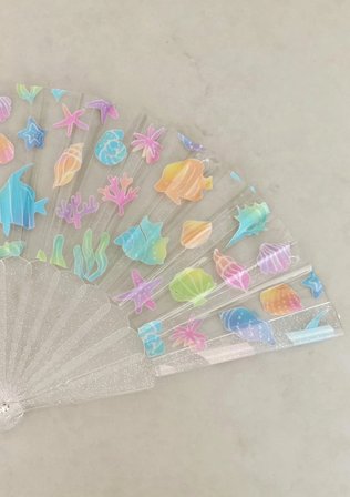 Deniz Temalı Simli Şeffaf Pleksi El Yelpazesi | Katlanabilir Yazlık Yelpaze