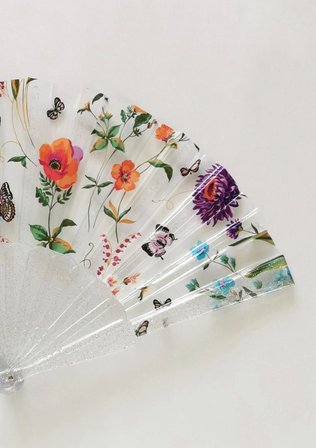 Bahar Desenli Simli Şeffaf Pleksi El Yelpazesi | Katlanabilir Yazlık Yelpaze