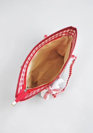 Kırmızı Pötikareli Kot Efektli Fermuarlı Kumaş Omuz Çantası 36x26 cm
