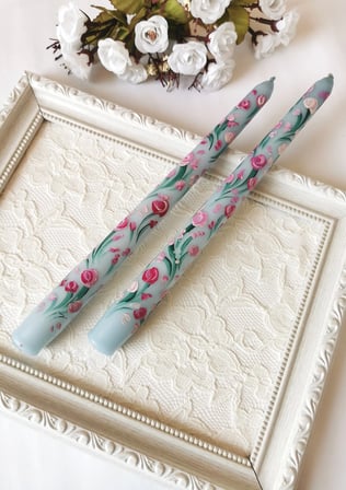 Mavi Çiçek Desenli El Boyaması Dekoratif İkili Mum – 25 cm