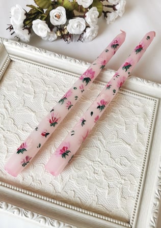 Pembe Çiçek Desenli El Boyaması Dekoratif İkili Mum – 25 cm
