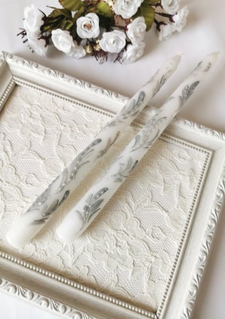 Gümüş Renk Yaprak Desenli El Boyaması Beyaz Dekoratif İkili Mum – 25 cm