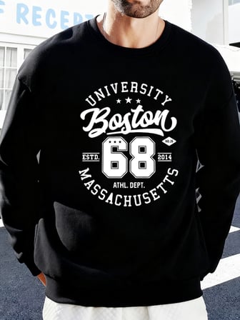 Üniversite Boston Massachusetts Baskılı Erkek Tişörtü Spor Bol Giysiler Yumuşak Rahat Kazakla