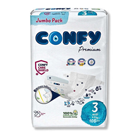 Confy Premium Bebek Bezi 3 Numara Midi  4 - 9 Kg 108 Adet