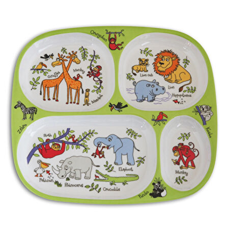 Melamin Bölmeli Tabak / Alıştırma Bardağı / Kutulu Çatal Kaşık Seti (4'lü Set)  Jungle