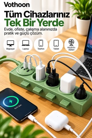 4’lü Akıllı Priz Tek Dokunuşla Fiş Çıkarma 2 Metre Kablo 2 Type-c + Usb 15w Hızlı Şarj 3680w