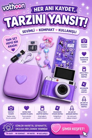 4k Çantalı Dijital Retro Video Kamera 48mp 16x Zoom Işıklı (32gb) Kart Dijital Fotoğraf Makinesi Mor
