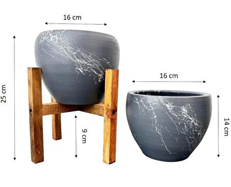 Ev Dekorasyon Gri Üzeri Beyaz Mermer Efektli Toprak Saksı Saksılık Salon Çiçeklik İkili Set Ayaksız - 4 Ayaklı- 15 Cm