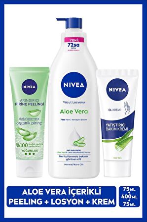 Aloe Vera El Bakım Kremi 75ml, Yoğun Nemlendirici Vücut Losyon 400ml, Arındırıcı Pirinç Peeling 75ml 