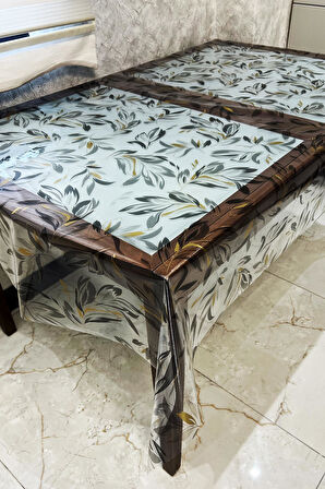 Pvc Şeffaf kendinden desenli Masa Örtüsü gold 1258-4