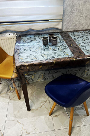 Pvc Şeffaf kendinden desenli Masa Örtüsü gold 1258-4