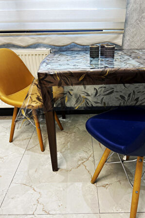 Pvc Şeffaf kendinden desenli Masa Örtüsü gold 1258-4